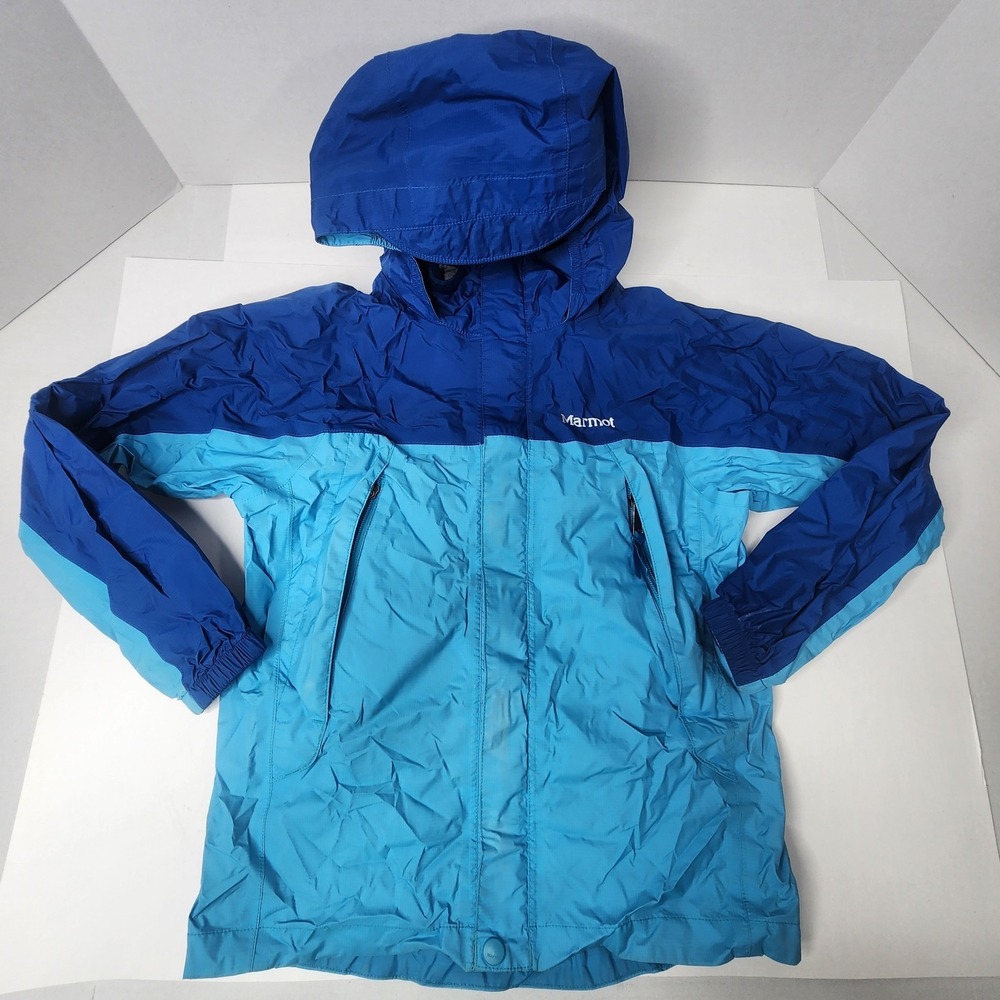 Marmot Windbreaker Jacket Youth Medium Teal Blue Full Zip Hooded Nylon Outdoors